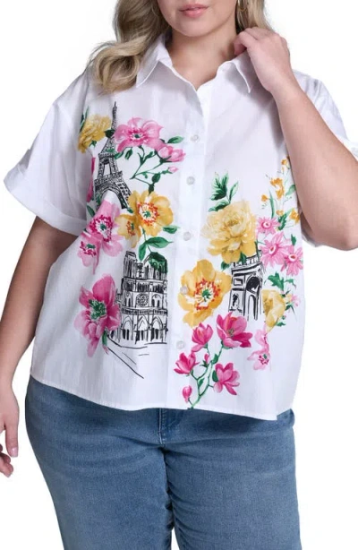 Karl Lagerfeld Paris Floral Placement Cotton Poplin Button-up Shirt In White