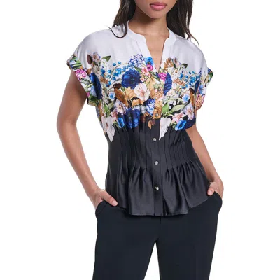 Karl Lagerfeld Paris Floral Pleated Top In Soft White/black Multi