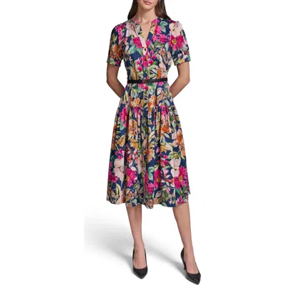 Karl Lagerfeld Paris Floral Print Belted Tiered Midi Dress In Multi