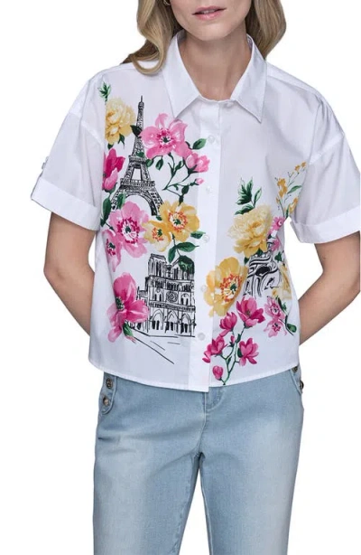 Karl Lagerfeld Paris Floral Print Cotton Shirt In White