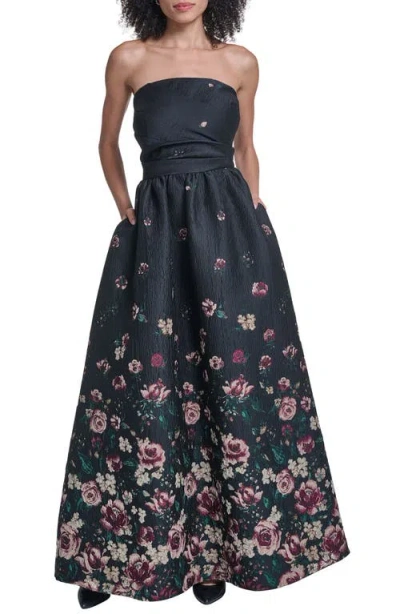 Karl Lagerfeld Paris Floral Print Fils Coupé Ballgown In Black Multi