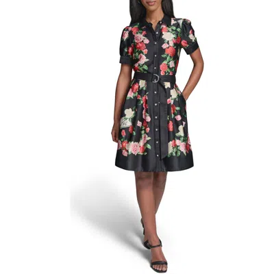 Karl Lagerfeld Paris Floral Print Shirtdress In Black