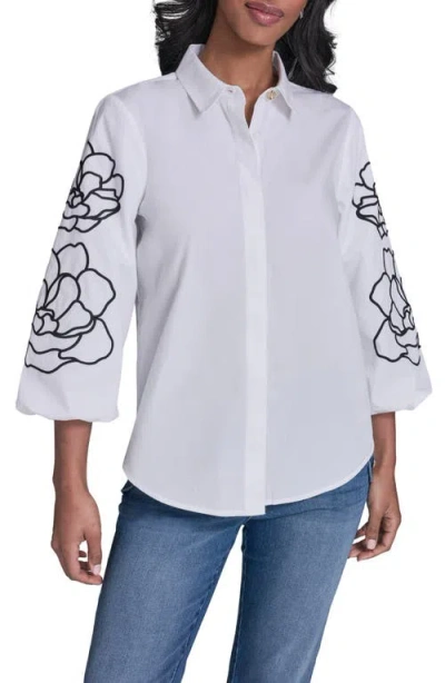 Karl Lagerfeld Paris Floral Puff Sleeve Shirt In White