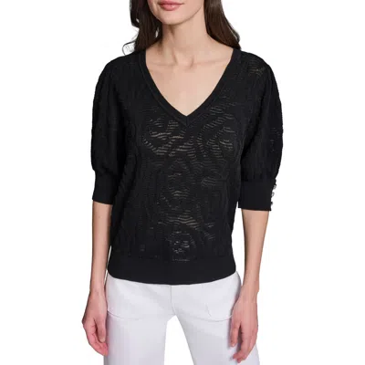 Karl Lagerfeld Paris Floral Puff Sleeve Sweater In Black