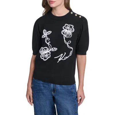 Karl Lagerfeld Paris Floral Stitch Short Sleeve Cotton Blend Sweater In Black