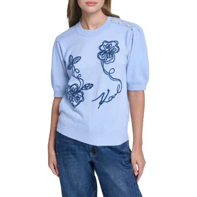 Karl Lagerfeld Paris Floral Stitch Short Sleeve Cotton Blend Sweater In Blue
