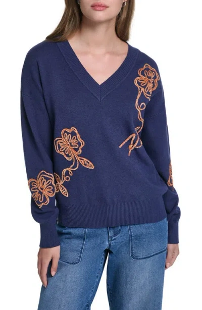 Karl Lagerfeld Paris Floral V-neck Sweater In Naval Academy/sepia