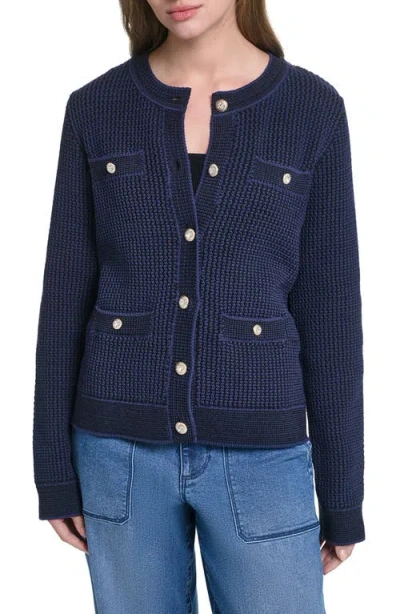 Karl Lagerfeld Paris Four Pocket Cardigan In Naval Academy/black