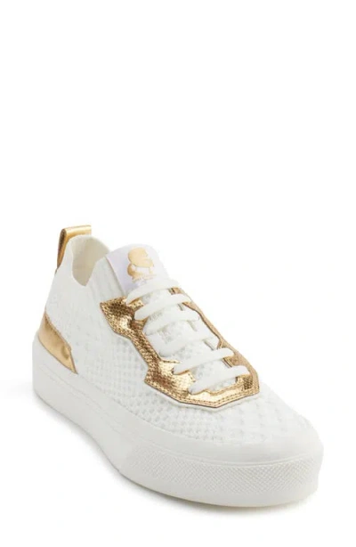 Karl Lagerfeld Paris Gabby Slip-on Knit Sneaker In Bright White,gold