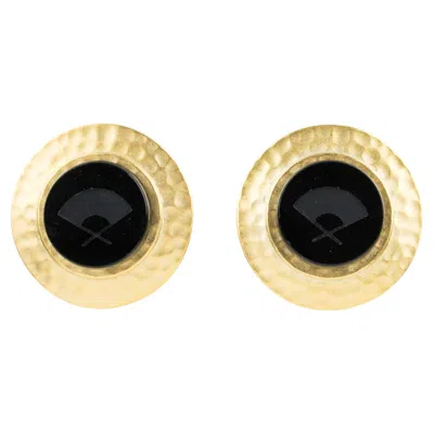 Pre-owned Karl Lagerfeld Paris Gilt Metal Clip Earrings With Black Intaglio
