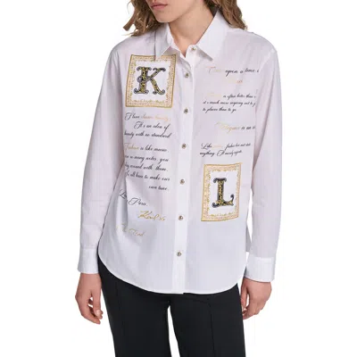 Karl Lagerfeld Paris Graphic Cotton Button Up Shirt In White