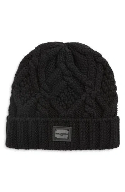Karl Lagerfeld Paris Gunmetal Logo Cable Knit Beanie In Black