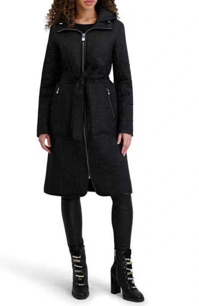 Karl Lagerfeld Paris Hooded Belted Quilted Zip Jacket In Black