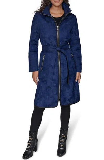 Karl Lagerfeld Paris Hooded Belted Quilted Zip Jacket In Blue