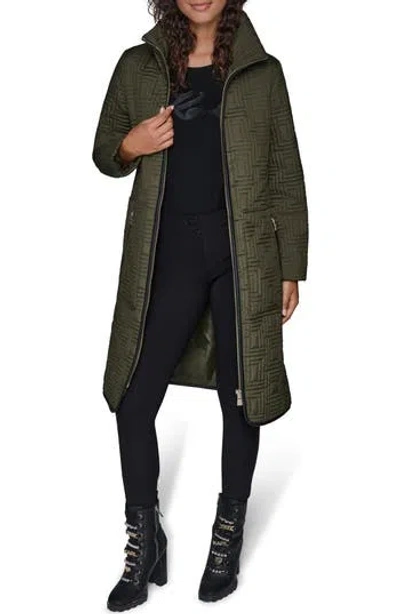 Karl Lagerfeld Paris Hooded Belted Quilted Zip Jacket In Green