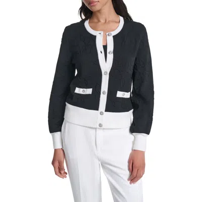 Karl Lagerfeld Paris Jacquard Pattern Crewneck Cardigan In Black/soft White