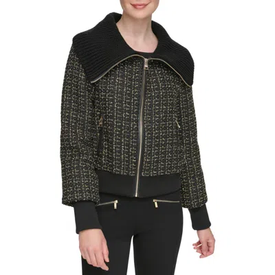 Karl Lagerfeld Paris Knit Collar Metallic Tweed Bomber Jacket In Black Gold