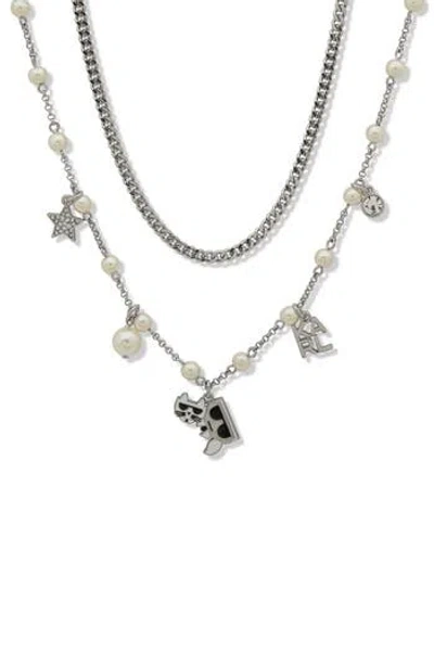 Karl Lagerfeld Paris Kocktail Enamel, Crystal & Imitation Pearl Logo Charm Layered Necklace In Metallic