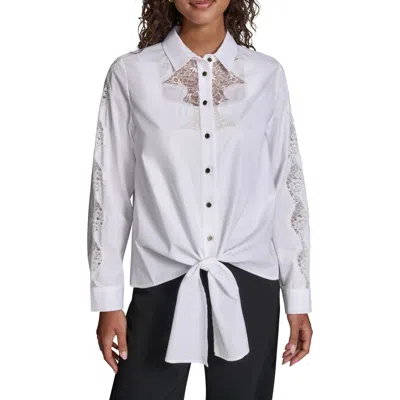 Karl Lagerfeld Paris Lace Inset Front Tie Shirt In White