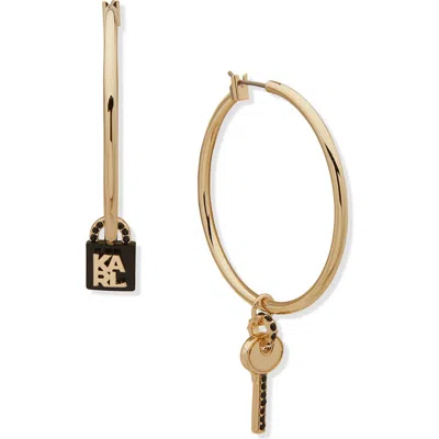 Karl Lagerfeld Paris Lock And Key Enamel & Crystal Charm Hoop Earrings In Gold