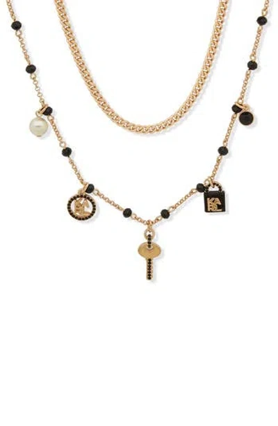 Karl Lagerfeld Paris Lock And Key Enamel, Crystal & Imitation Pearl Logo Charm Layered Necklace In Gold
