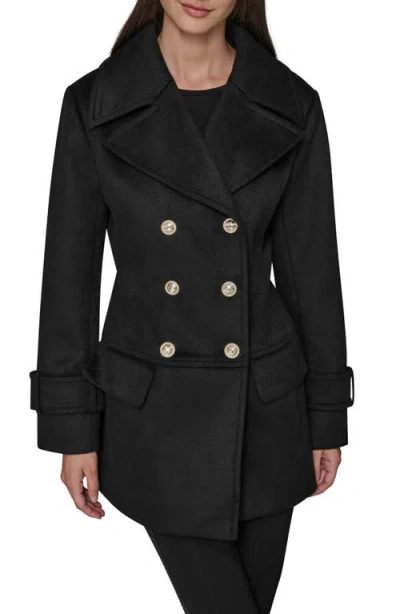Karl Lagerfeld Paris Low Waist Double Breasted Wool Blend Peacoat In Black