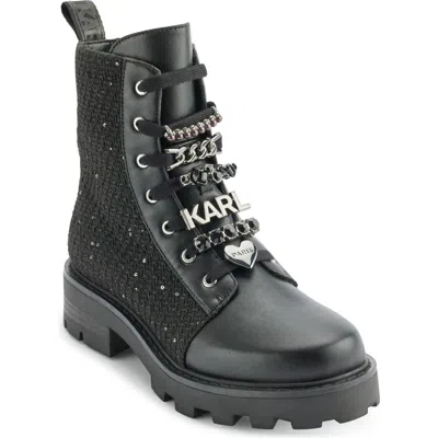 Karl Lagerfeld Paris Mela Combat Boot In Black/silver