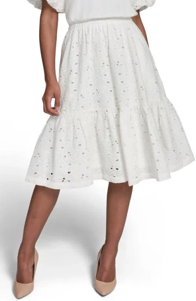 Karl Lagerfeld Paris Mixed Media Eyelet Lace Midi Dress In White