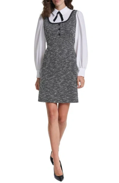 Karl Lagerfeld Paris Mixed Media Long Sleeve Minidress In Black/soft White Multi