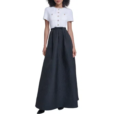 Karl Lagerfeld Paris Mixed Media Short Sleeve A-line Gown In Soft White Black