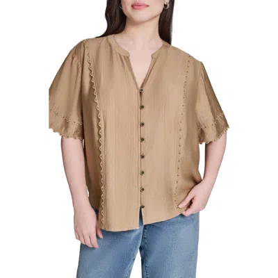 Karl Lagerfeld Paris Nailhead Stud Detail Metallic Button-up Shirt In Brown