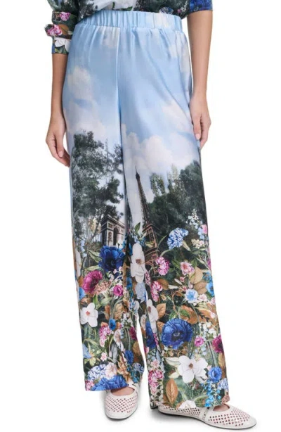 Karl Lagerfeld Paris Paris Scene Print Wide Leg Pants In Steel Blue Multi