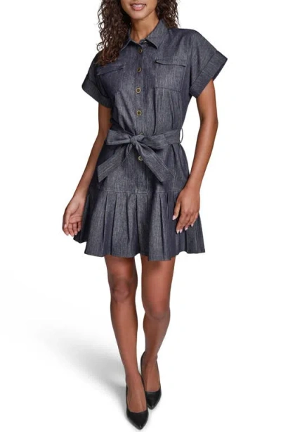 Karl Lagerfeld Paris Pinstripe Tie Waist Denim Minidress In Blue