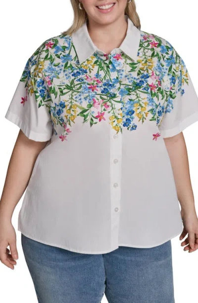 Karl Lagerfeld Paris Placed Floral Short Sleeve Cotton Sateen Button-up Shirt In Multi