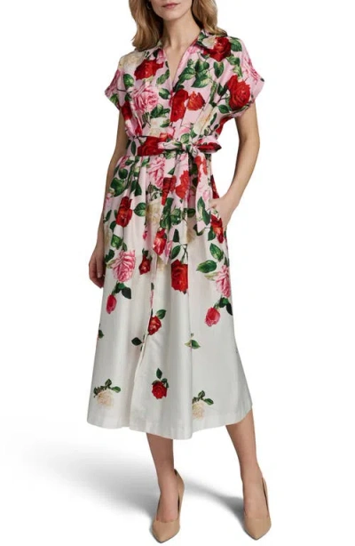 Karl Lagerfeld Paris Placed Floral Stretch Cotton Midi Shirtdress In Pink