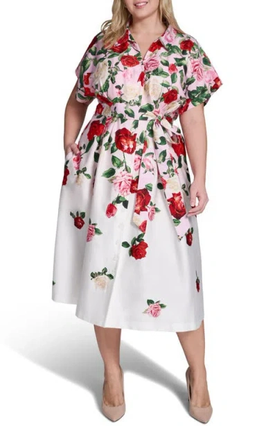 Karl Lagerfeld Paris Placed Floral Stretch Cotton Midi Shirtdress In Multi
