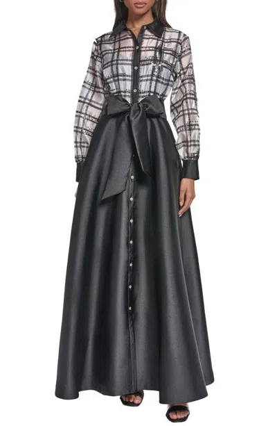 Karl Lagerfeld Paris Plaid Long Sleeve Sequin Ballgown In Black