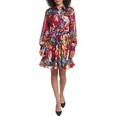 Karl Lagerfeld Floral Print Long Sheer Sleeve Tie Waist Shirt Dress In Multi