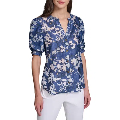 Karl Lagerfeld Paris Print Puff Sleeve Shirt In Blue