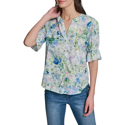 Karl Lagerfeld Paris Print Puff Sleeve Top In Multi