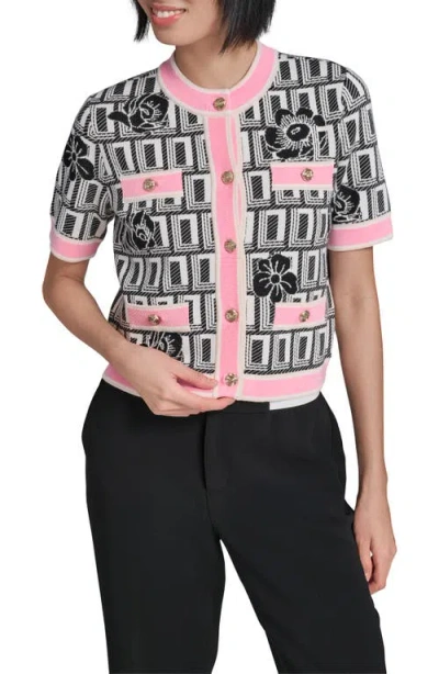 Karl Lagerfeld Paris Print Short Sleeve Cardigan In Multi