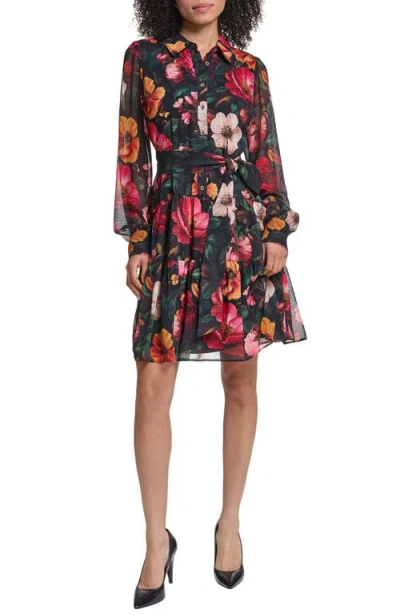 Karl Lagerfeld Paris Print Tie Waist Long Sleeve Chiffon Dress In Multi