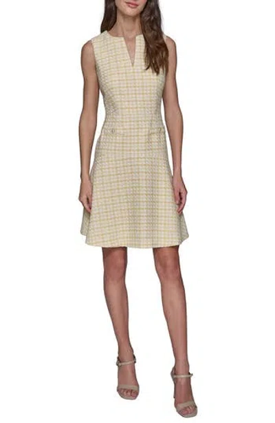 Karl Lagerfeld Paris Printed Tweed A-line Dress In Freesia Yellow Soft White