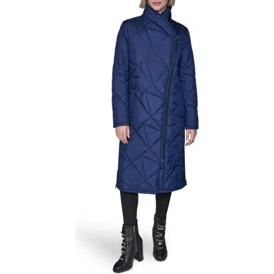 Karl Lagerfeld Paris Quilted Asymmetric Midi Coat In Blue