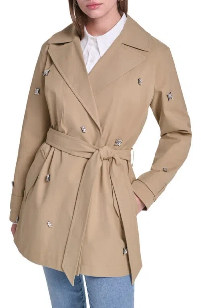 Karl Lagerfeld Paris Rhinestone Embellished Short Trench Coat In Neutral