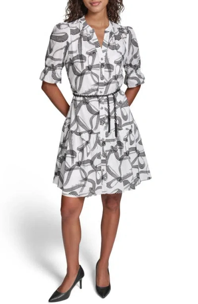 Karl Lagerfeld Paris Ribbon Print Belted Cotton Shirtdress In Multi