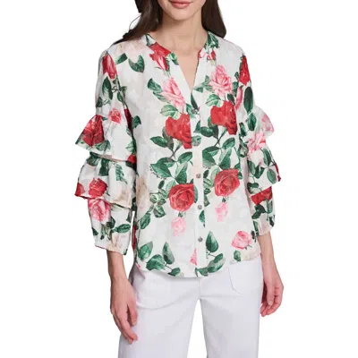 Karl Lagerfeld Paris Rose Print Ruffle Top In Multi