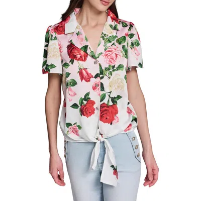 Karl Lagerfeld Paris Rose Tie Front Button-up Shirt In Multi