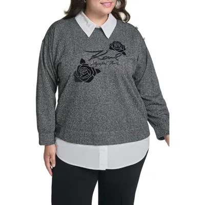 Karl Lagerfeld Paris Rose Two-fer Sweatshirt In Dark Heather Grey