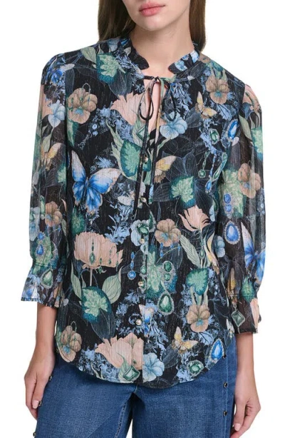 Karl Lagerfeld Paris Ruffle Collar Printed Shirt In Black/multi